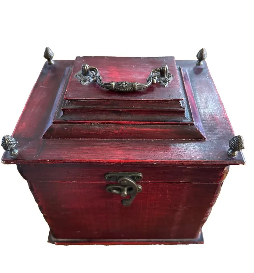Vintage Red Wooden Keepsake Box Brass Handle Acorn Finials Lined 9in X 9in X 7in